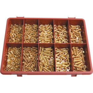 SÁRGARÉZ EGYHORNYÚ SÜLLY. FEJŰ TÖVIGMENETES ANYACSAVAR ÉS ALÁTÉTGYŰRŰ KÉSZLET